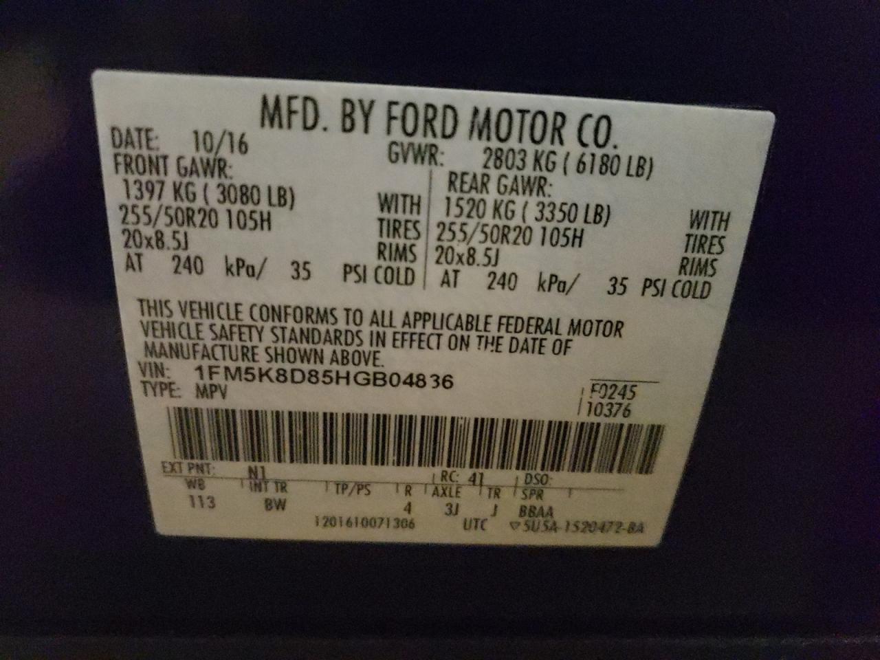 Photo 10 from auction – 2017 FORD EXPLORER X with VIN 1FM5K8D85HGB04836