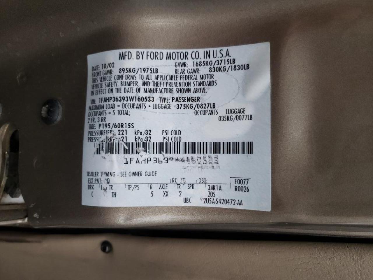 Photo 10 from auction – 2003 FORD FOCUS SE with VIN 1FAHP36393W160533