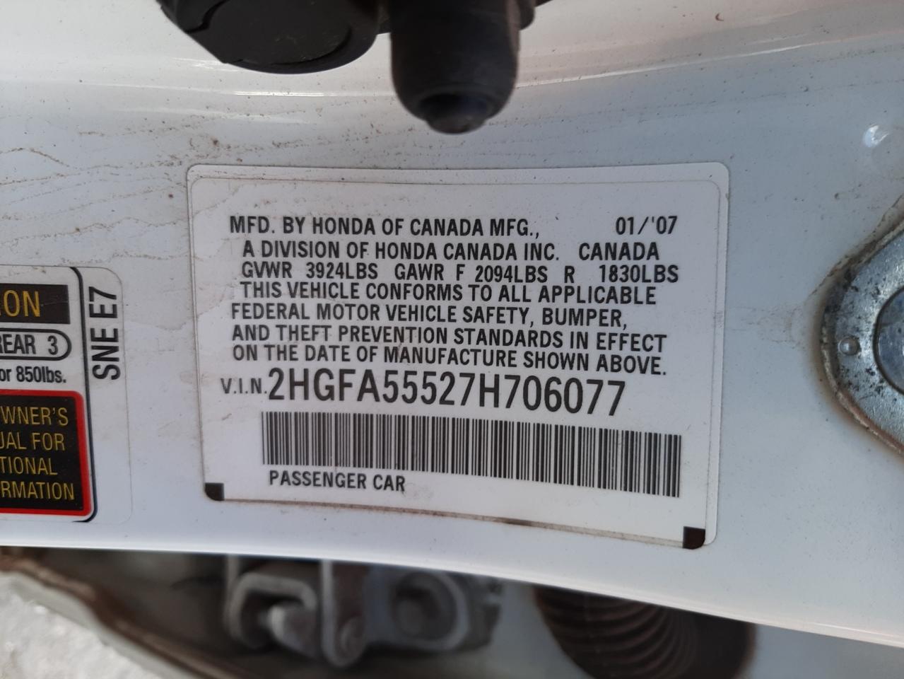 Photo 10 from auction – 2007 HONDA CIVIC SI with VIN 2HGFA55527H706077