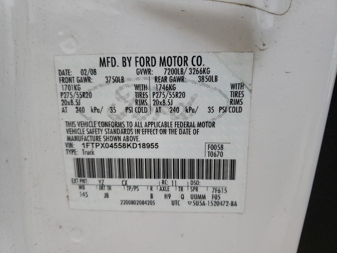 Photo 10 from auction – 2008 FORD F150 with VIN 1FTPX04558KD18955