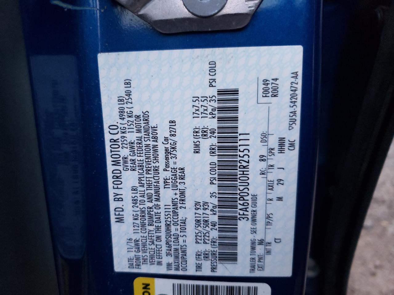 Photo 10 from auction – 2017 FORD FUSION TIT with VIN 3FA6P0SU0HR255111