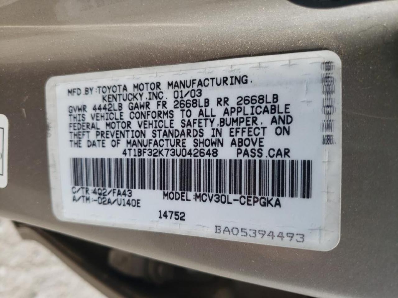 Photo 10 from auction – 2003 TOYOTA CAMRY LE with VIN 4T1BF32K73U042648
