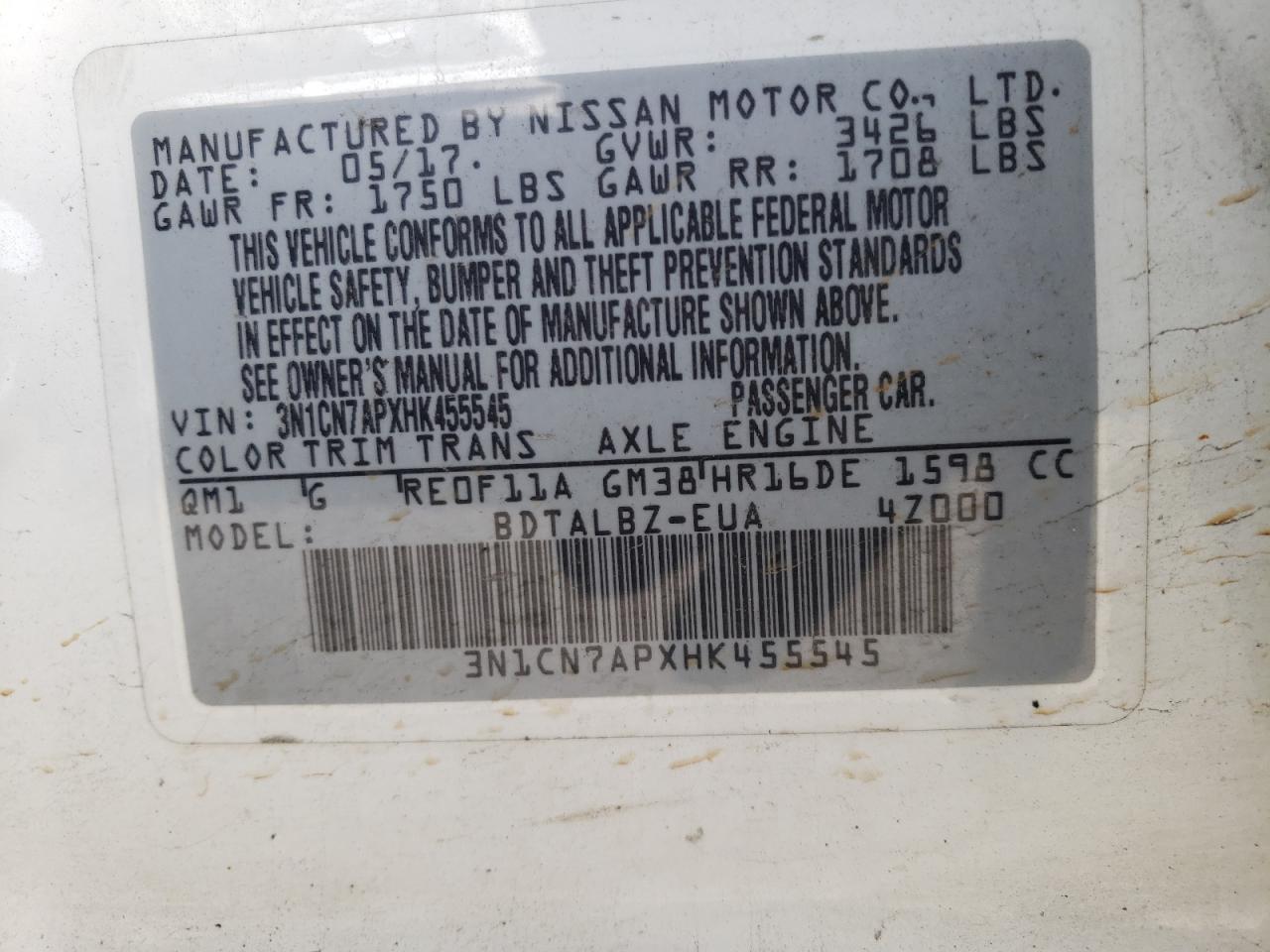 Photo 10 from auction – 2017 NISSAN VERSA S with VIN 3N1CN7APXHK455545