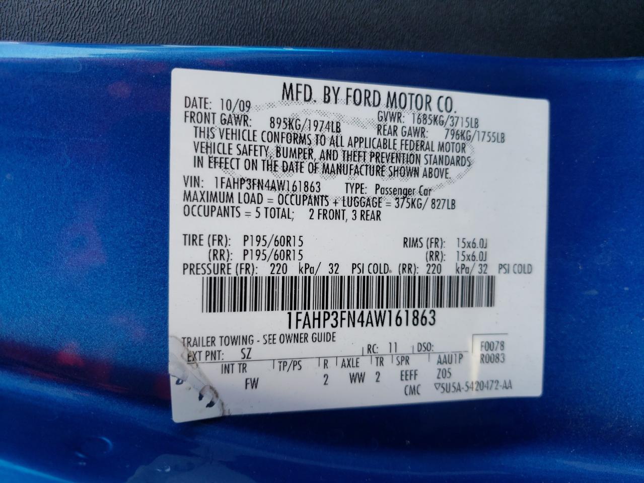 Photo 10 from auction – 2010 FORD FOCUS SE with VIN 1FAHP3FN4AW161863