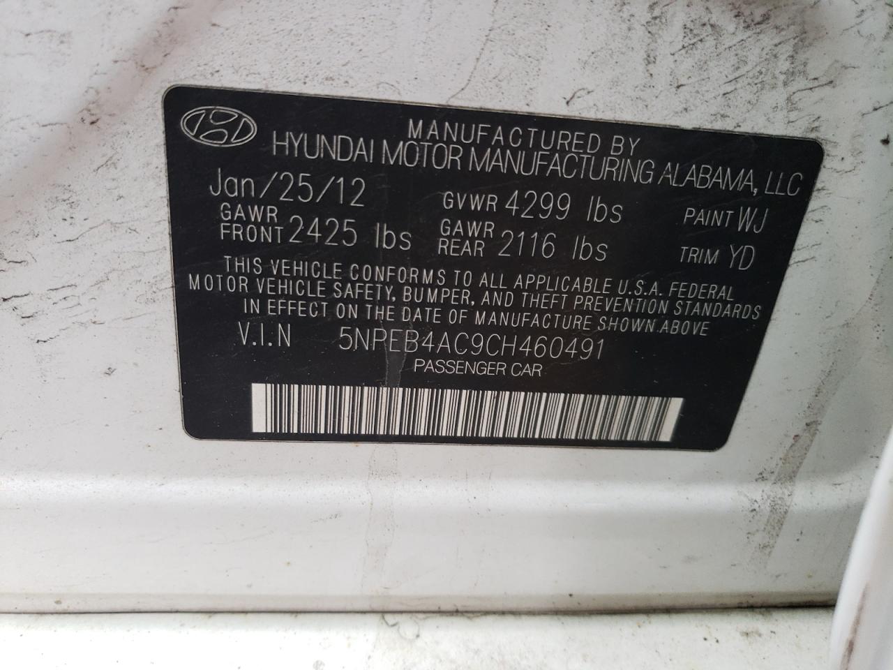 Photo 10 from auction – 2012 HYUNDAI SONATA GLS with VIN 5NPEB4AC9CH460491