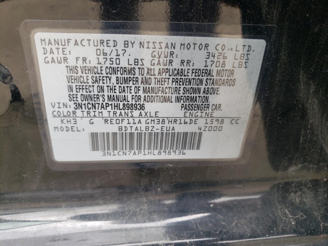 Photo 10 from auction – 2017 NISSAN VERSA S with VIN 3N1CN7AP1HL898936