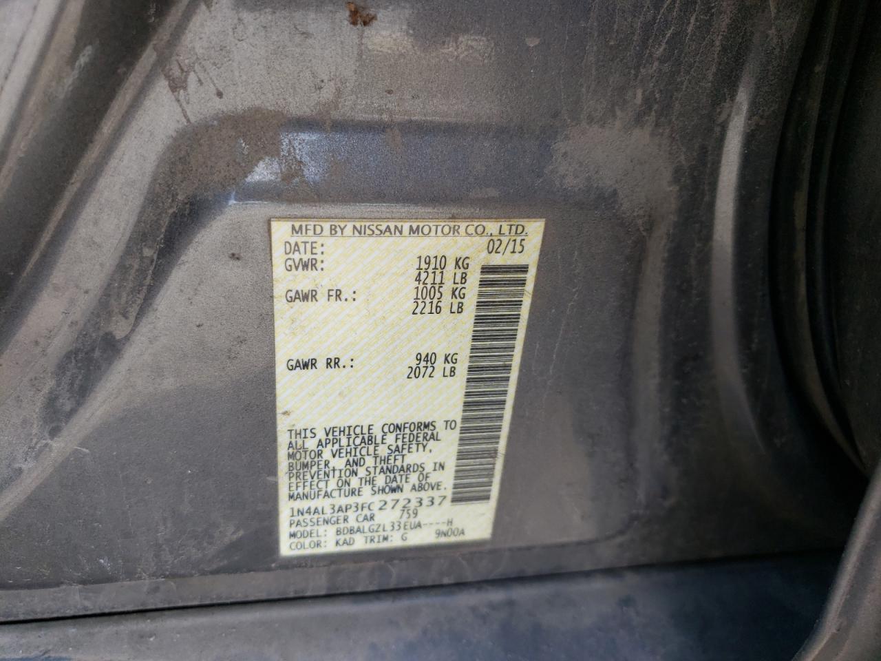Photo 10 from auction – 2015 NISSAN ALTIMA 2.5 with VIN 1N4AL3AP3FC272337