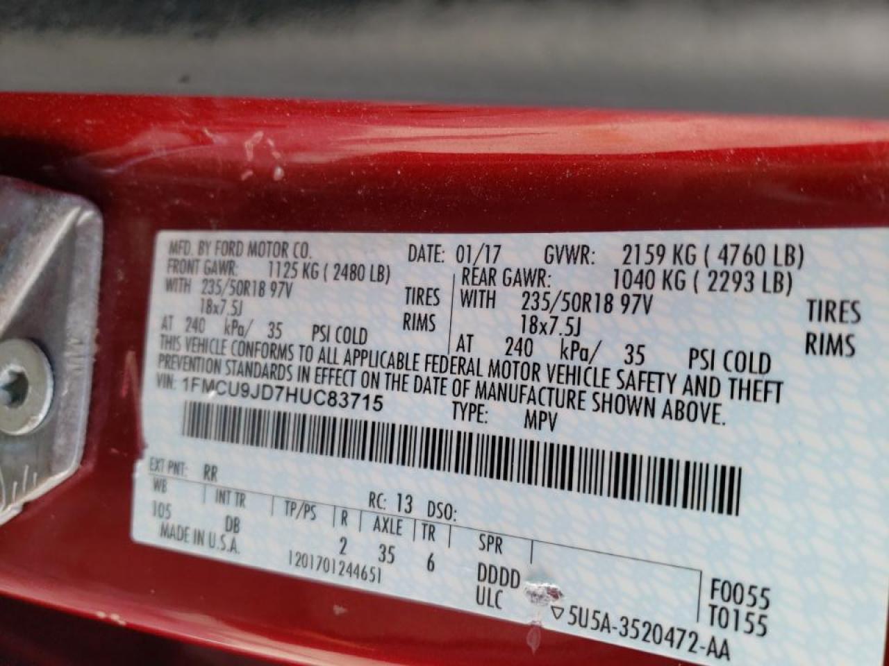 Photo 10 from auction – 2017 FORD ESCAPE TIT with VIN 1FMCU9JD7HUC83715