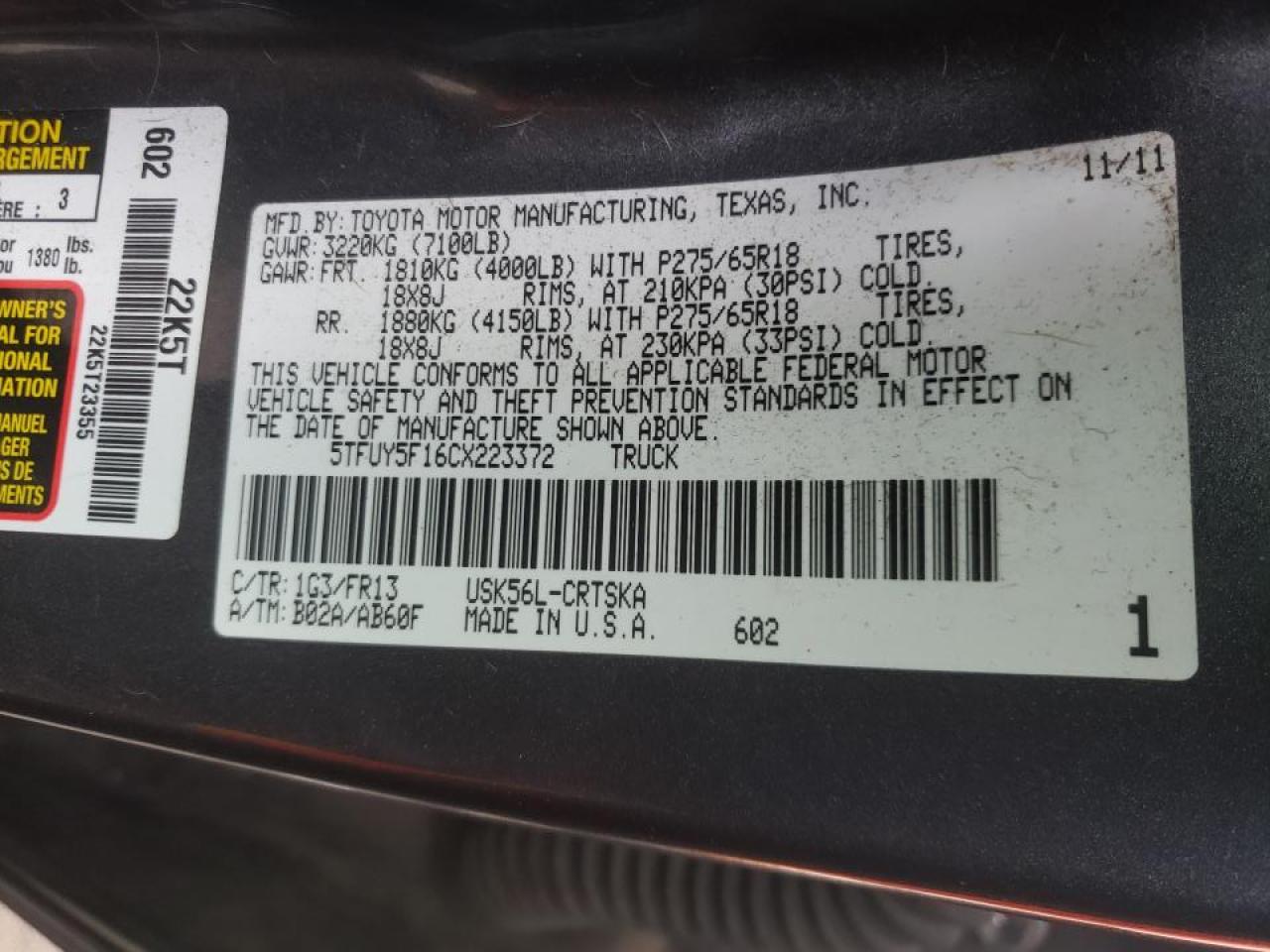 Photo 10 from auction – 2012 TOYOTA TUNDRA DOU with VIN 5TFUY5F16CX223372