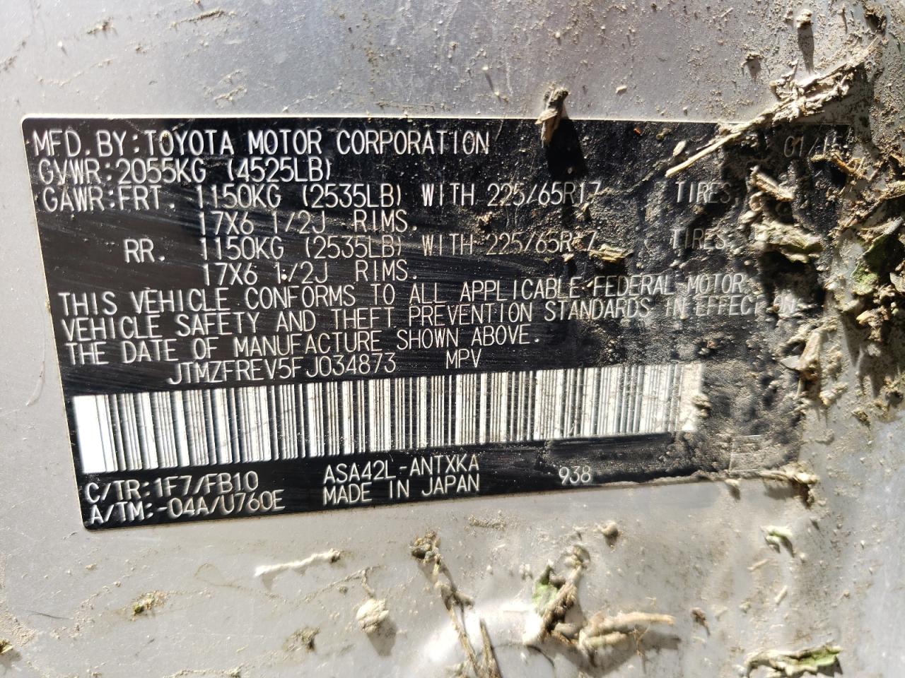 Photo 10 from auction – 2015 TOYOTA RAV4 LE with VIN JTMZFREV5FJ034873