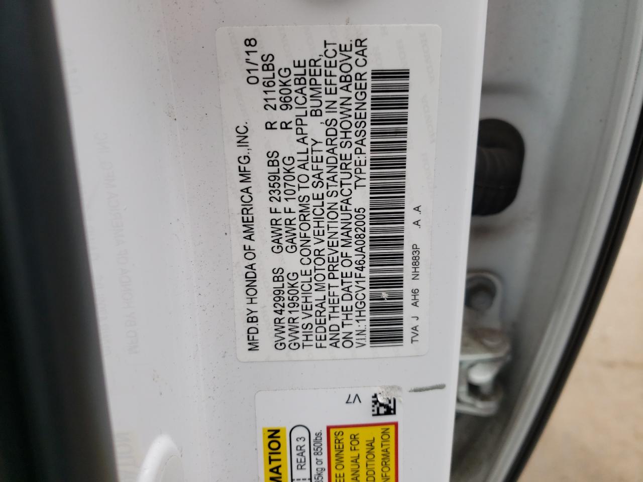 Photo 10 from auction – 2018 HONDA ACCORD EX with VIN 1HGCV1F46JA082005