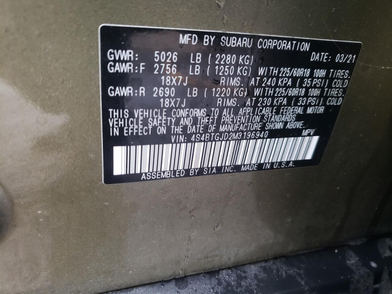 Photo 10 from auction – 2021 SUBARU OUTBACK ON with VIN 4S4BTGJD2M3196940