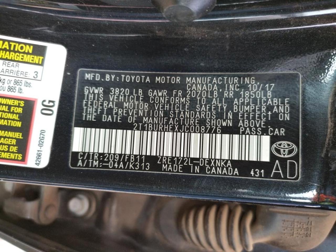 Photo 10 from auction – 2018 TOYOTA COROLLA L with VIN 2T1BURHEXJC008776