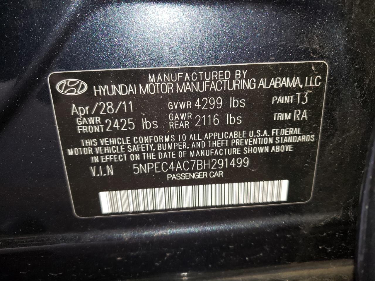 Photo 10 from auction – 2011 HYUNDAI SONATA SE with VIN 5NPEC4AC7BH291499