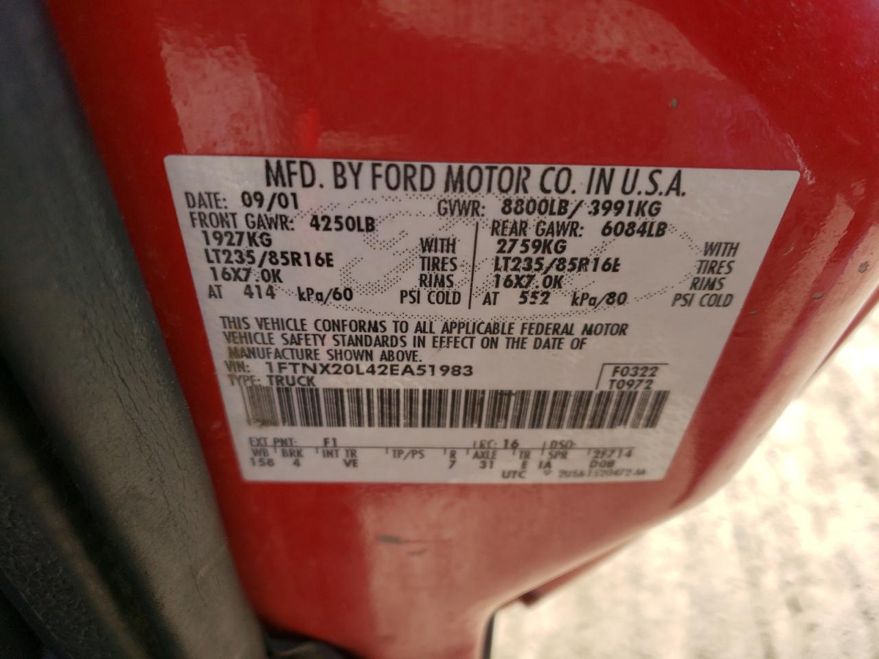 Photo 10 from auction – 2002 FORD F250 SUPER with VIN 1FTNX20L42EA51983