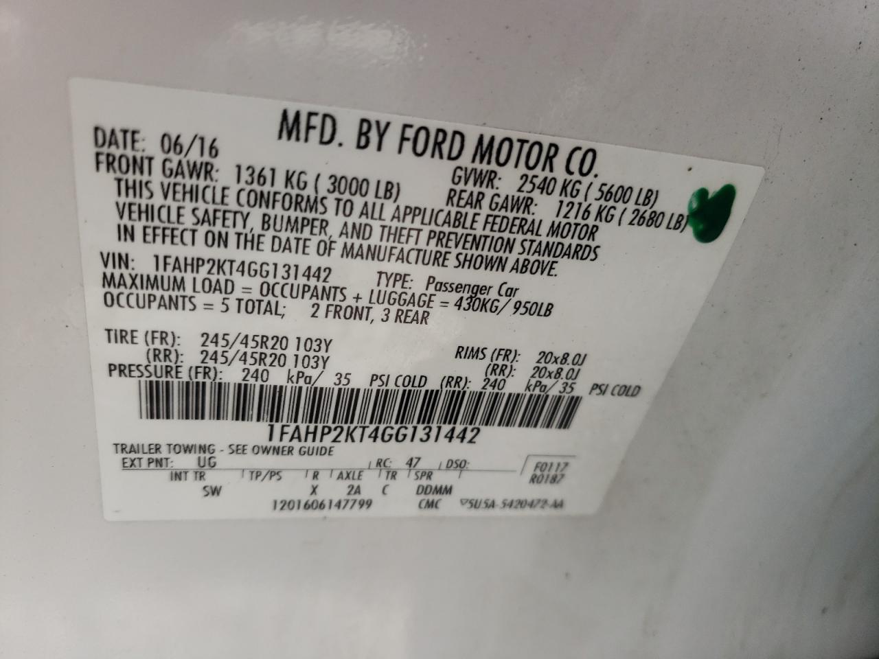 Photo 10 from auction – 2016 FORD TAURUS SHO with VIN 1FAHP2KT4GG131442