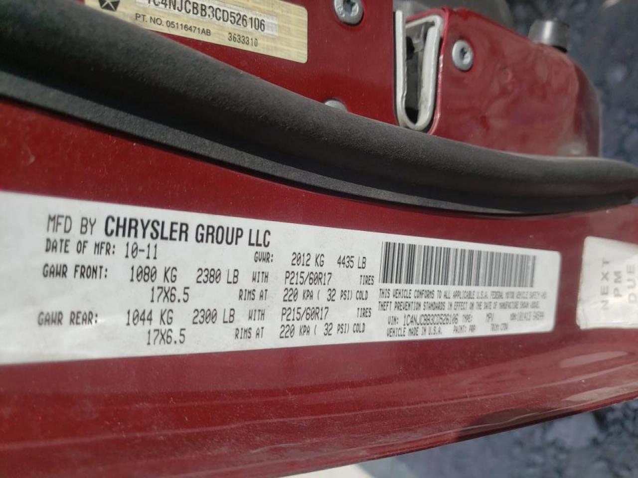Photo 10 from auction – 2012 JEEP COMPASS SP with VIN 1C4NJCBB3CD526106