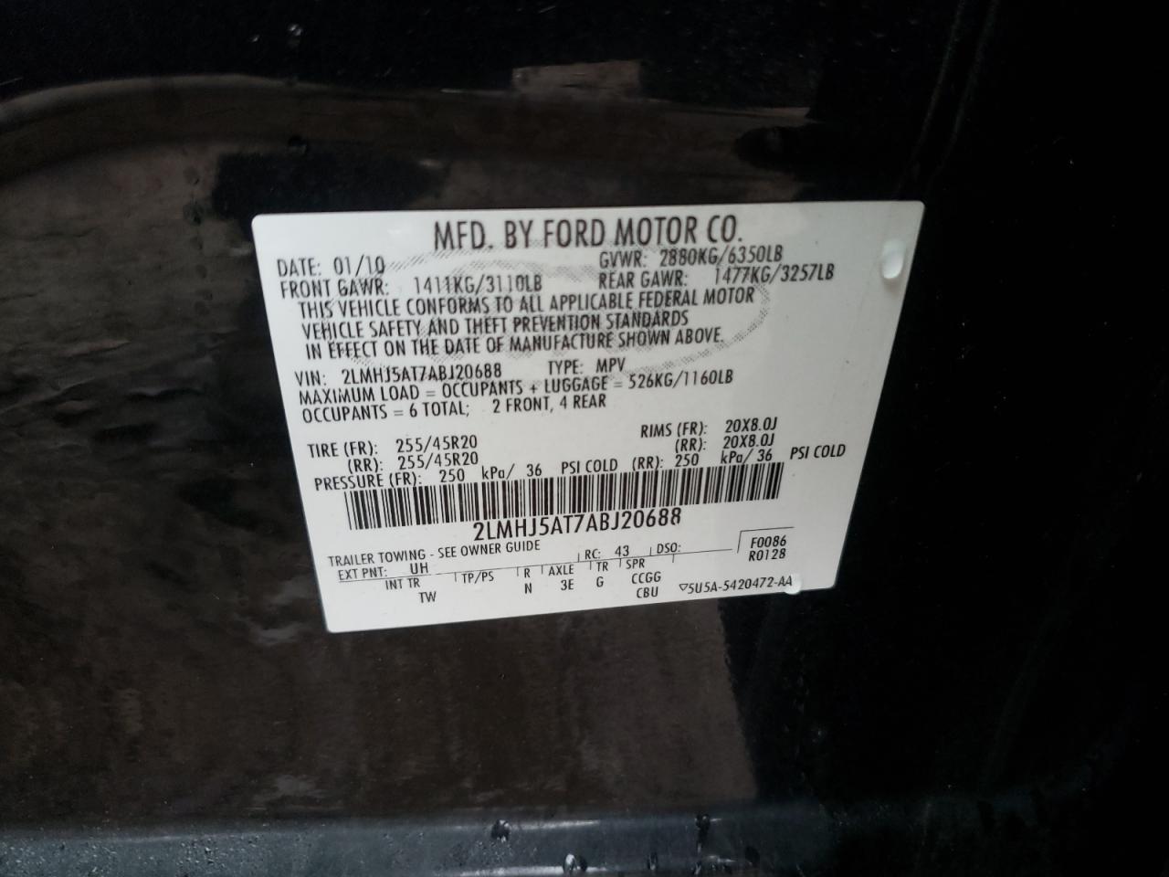 Photo 9 from auction – 2010 LINCOLN MKT with VIN 2LMHJ5AT7ABJ20688