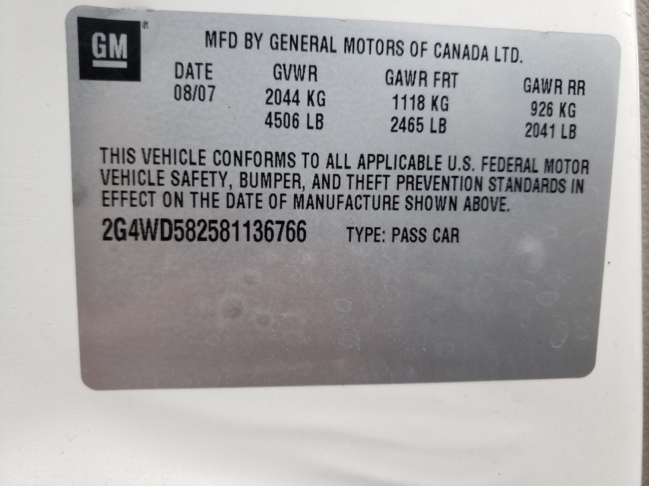 Photo 10 from auction – 2008 BUICK LACROSSE C with VIN 2G4WD582581136766