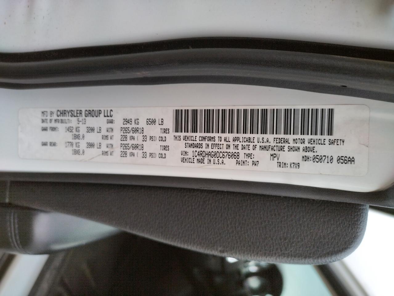 Photo 10 from auction – 2013 DODGE DURANGO SX with VIN 1C4RDHAG0DC676068