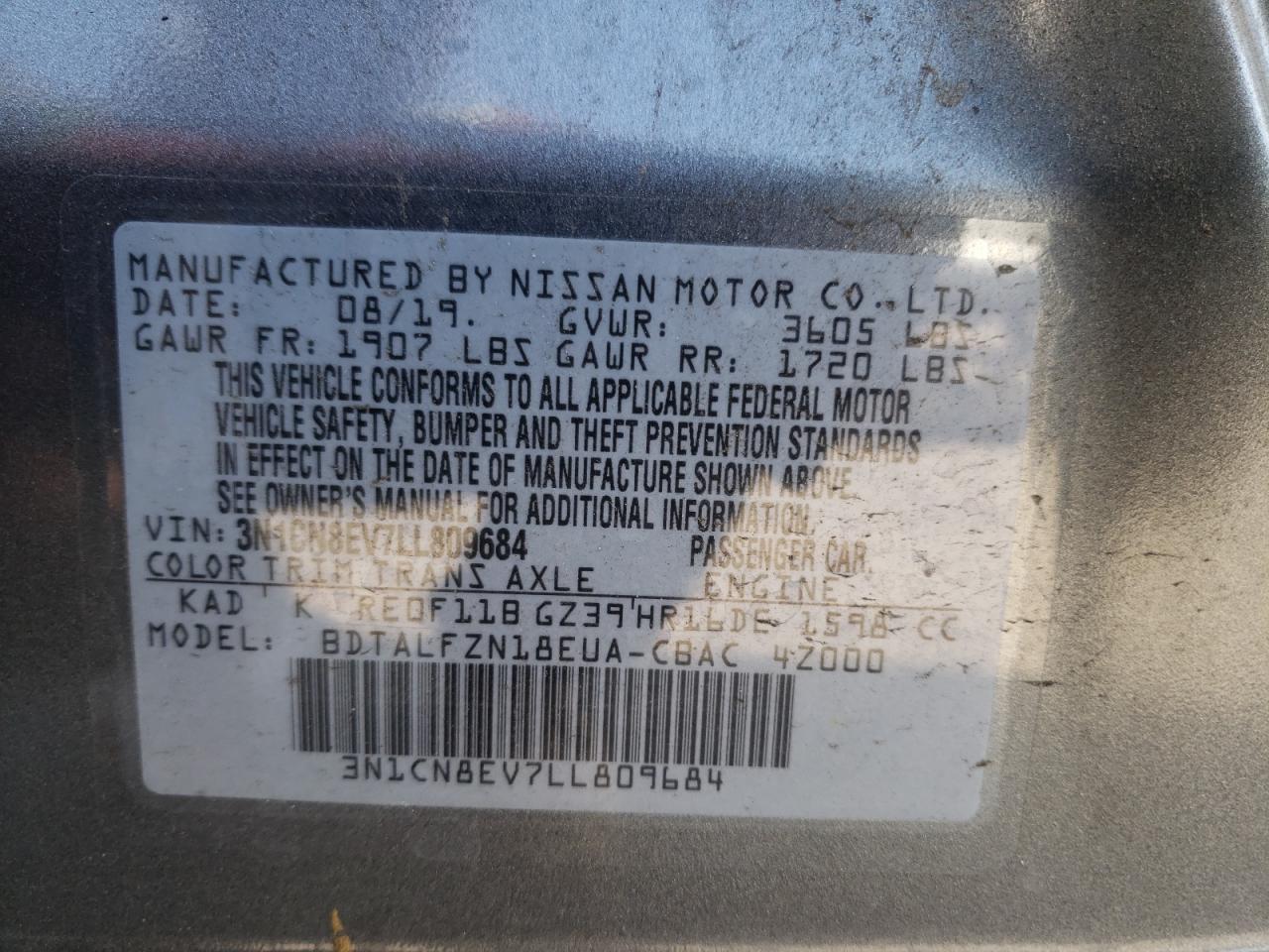 Photo 10 from auction – 2020 NISSAN VERSA SV with VIN 3N1CN8EV7LL809684