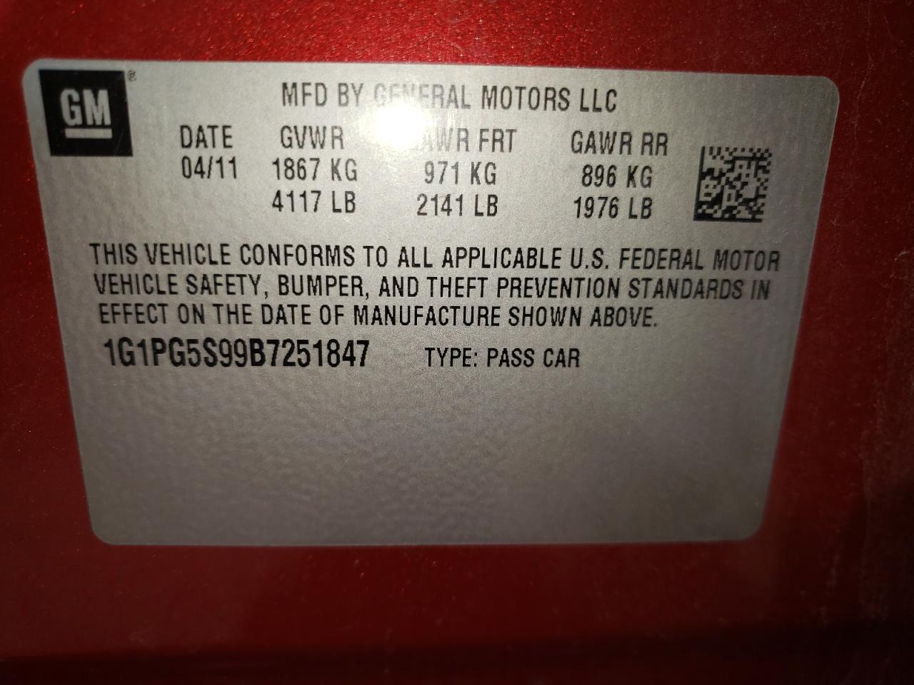 Photo 10 from auction – 2011 CHEVROLET CRUZE LT with VIN 1G1PG5S99B7251847