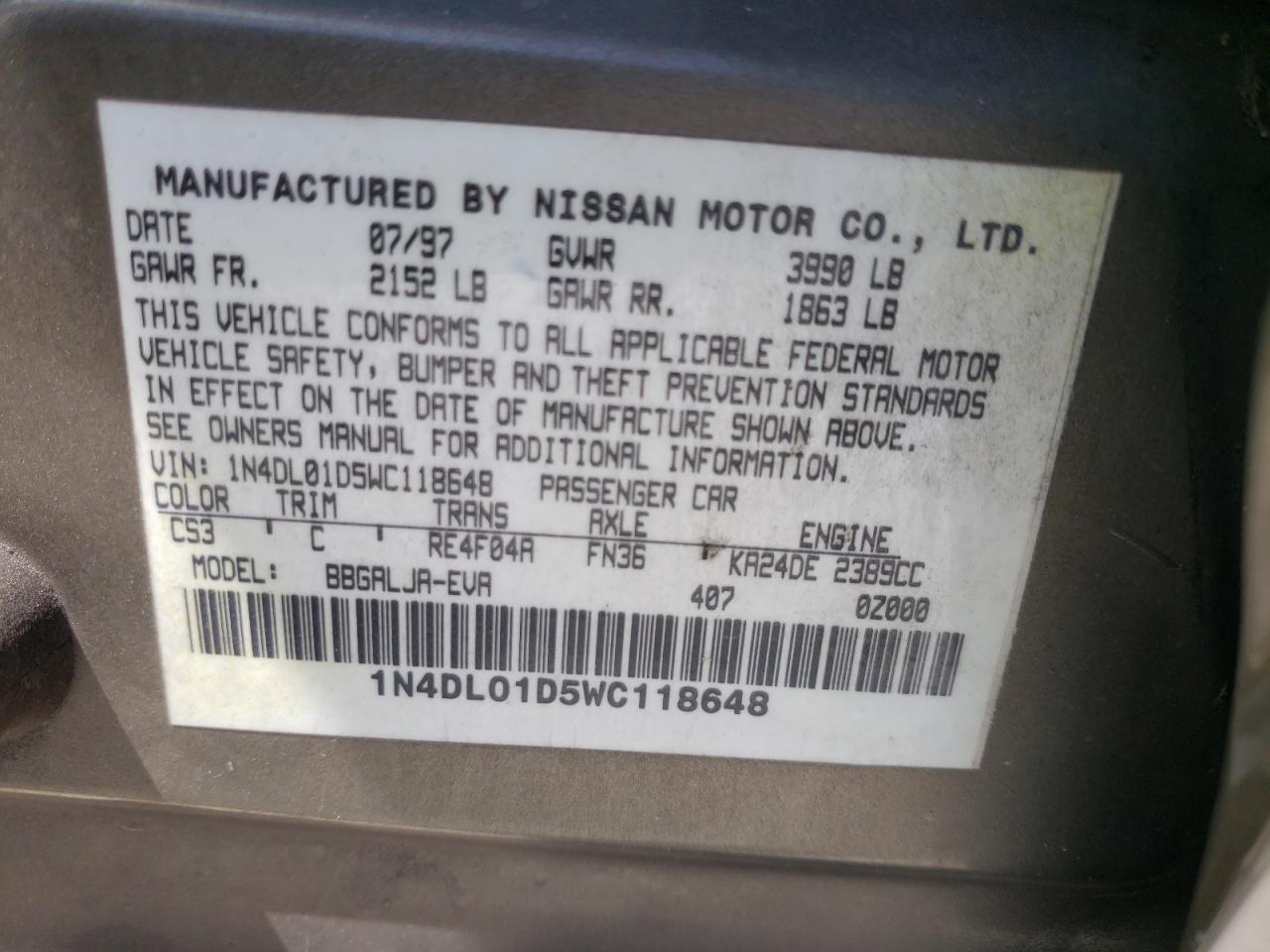 Photo 10 from auction – 1998 NISSAN ALTIMA XE with VIN 1N4DL01D5WC118648
