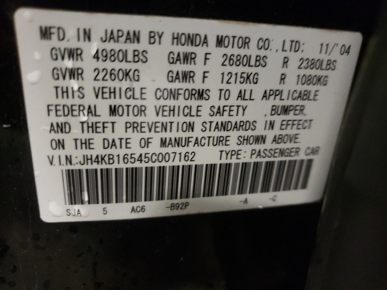 Photo 10 from auction – 2005 ACURA RL with VIN JH4KB16545C007162
