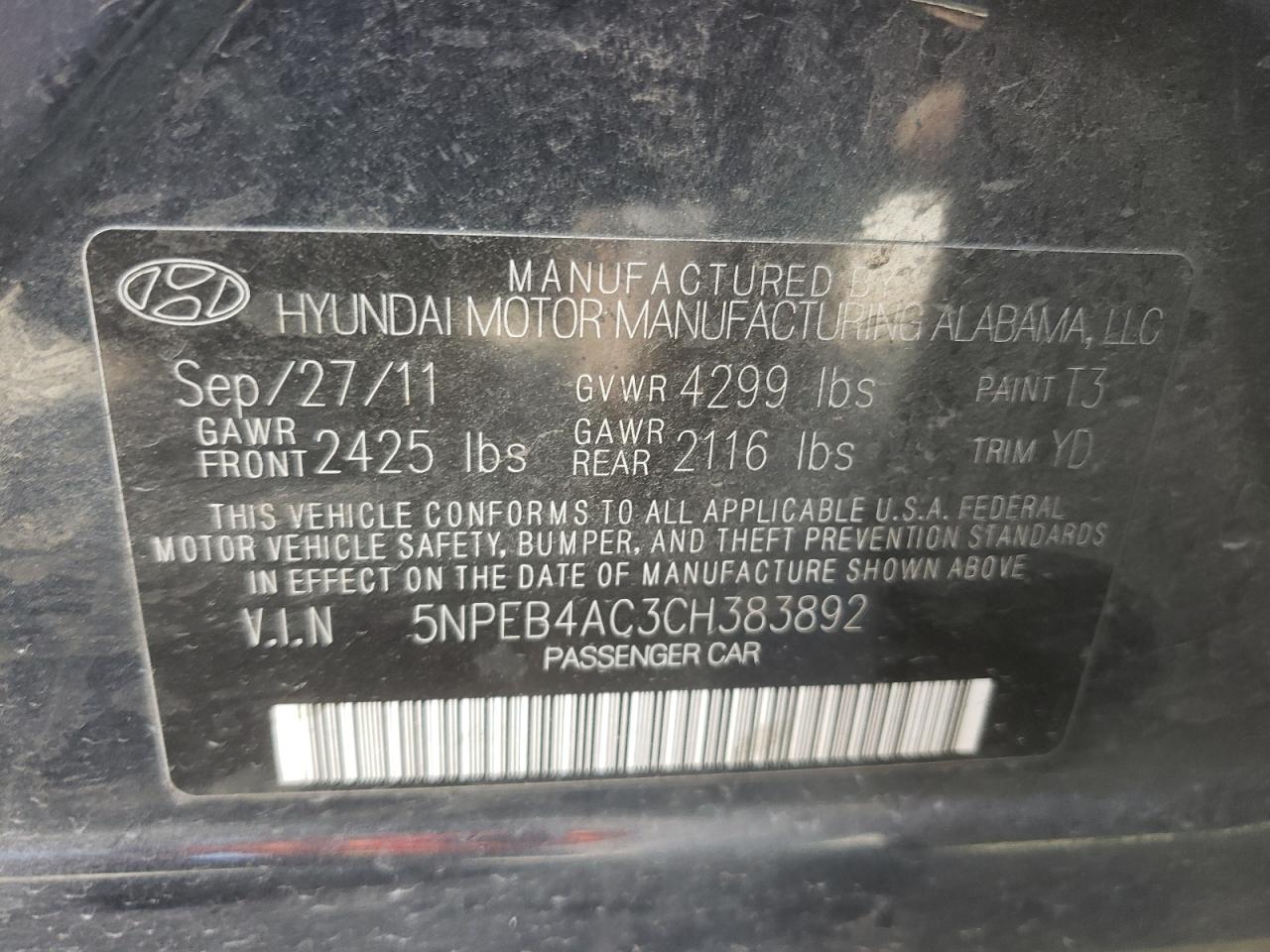 Photo 10 from auction – 2012 HYUNDAI SONATA GLS with VIN 5NPEB4AC3CH383892