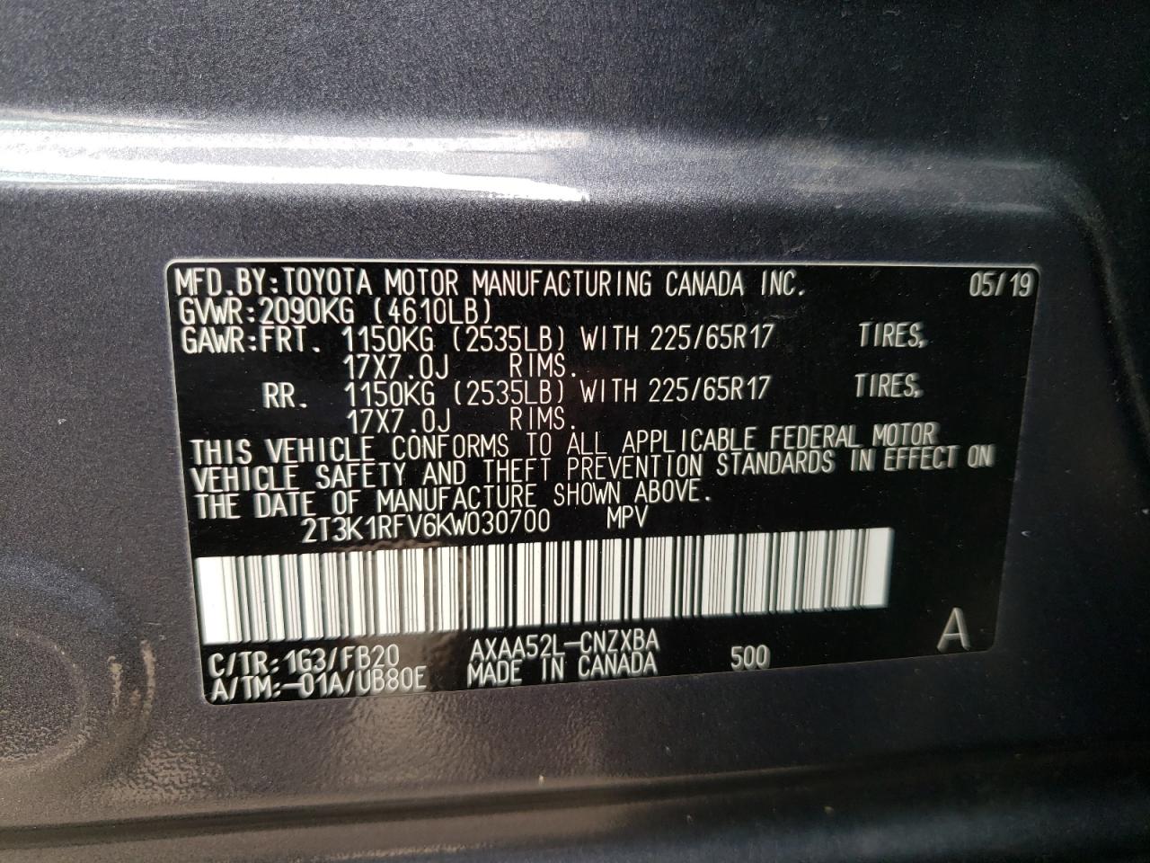 Photo 10 from auction – 2019 TOYOTA RAV4 LE with VIN 2T3K1RFV6KW030700