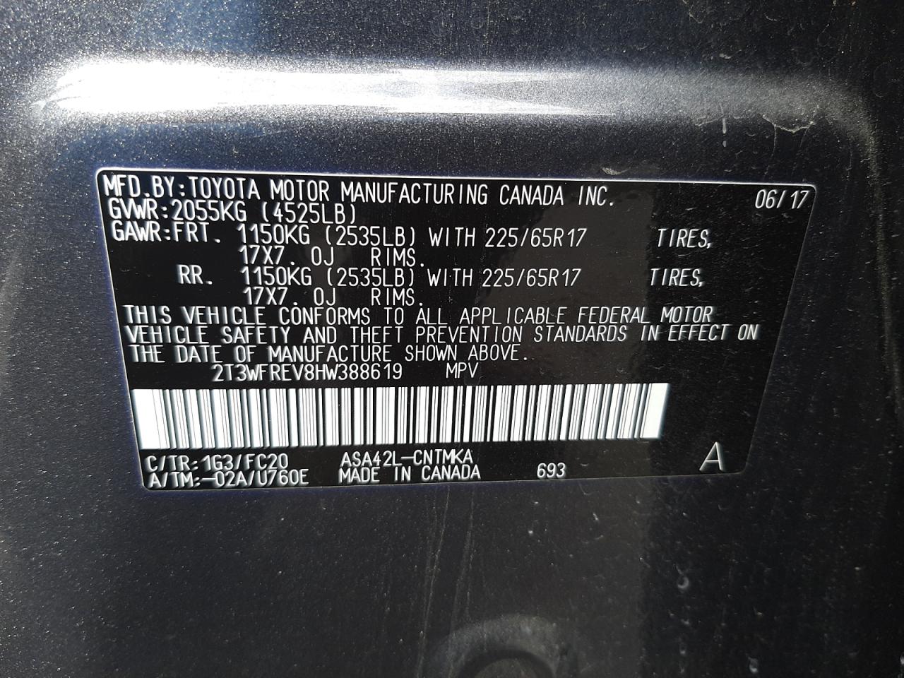 Photo 10 from auction – 2017 TOYOTA RAV4 XLE with VIN 2T3WFREV8HW388619