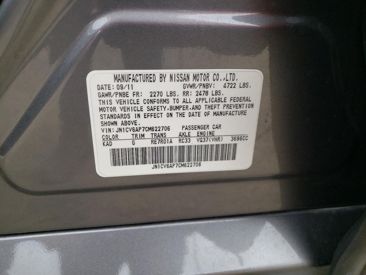 Photo 10 from auction – 2012 INFINITI G37 BASE with VIN JN1CV6AP7CM622706