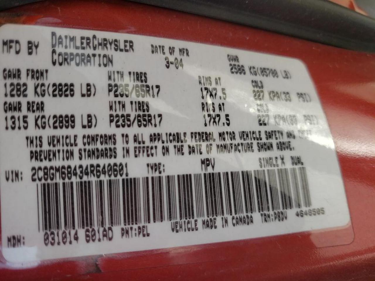 Photo 10 from auction – 2004 CHRYSLER PACIFICA with VIN 2C8GM68434R640601