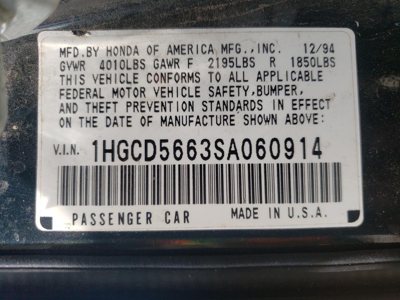 Photo 10 from auction – 1995 HONDA ACCORD EX with VIN 1HGCD5663SA060914