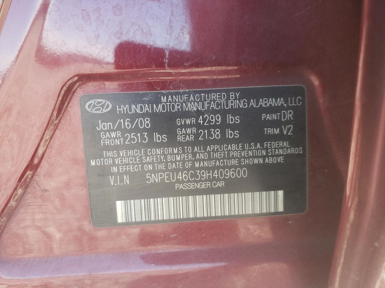 Photo 10 from auction – 2009 HYUNDAI SONATA SE with VIN 5NPEU46C39H409600