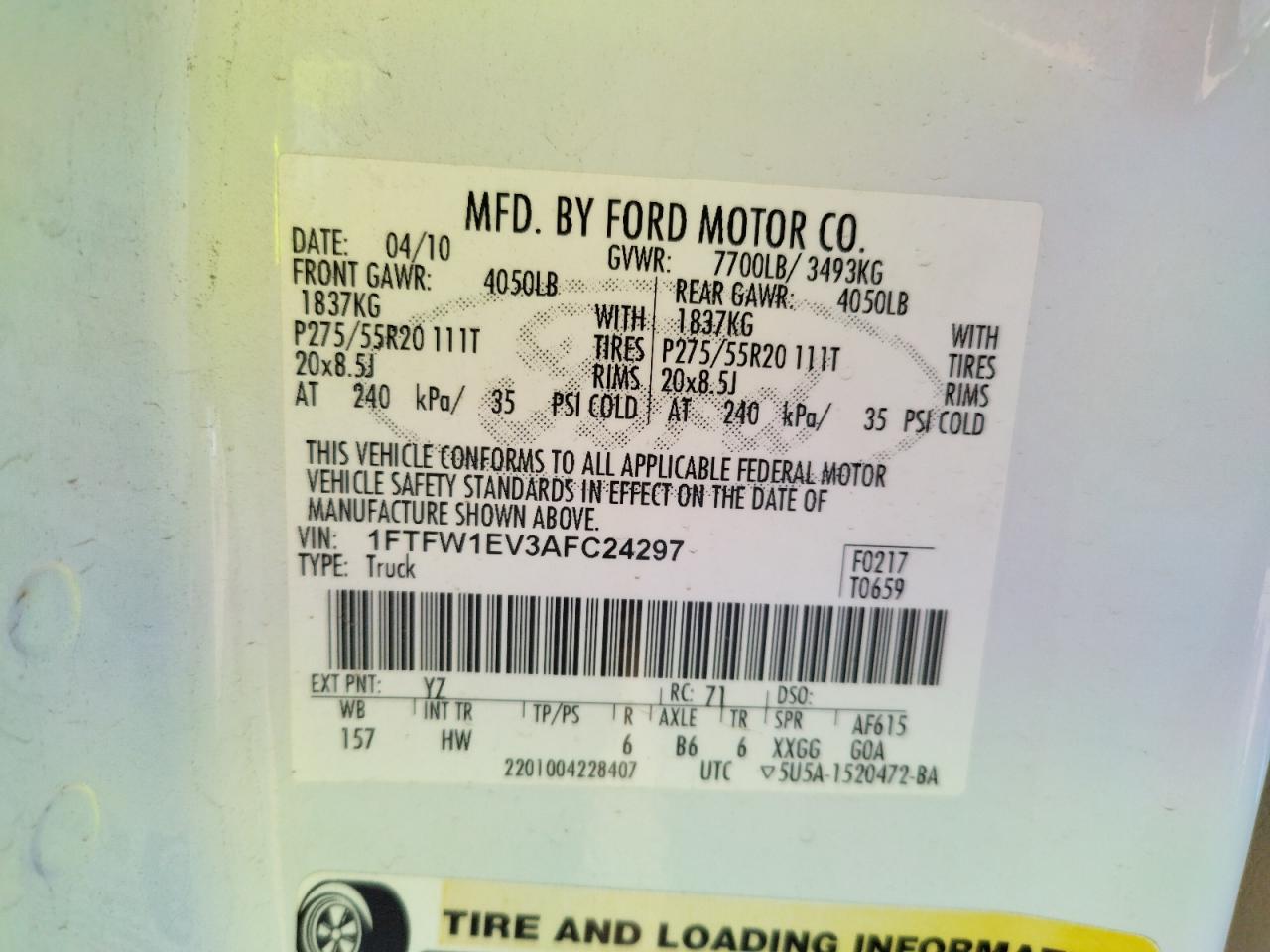 Photo 10 from auction – 2010 FORD F150 SUPER with VIN 1FTFW1EV3AFC24297