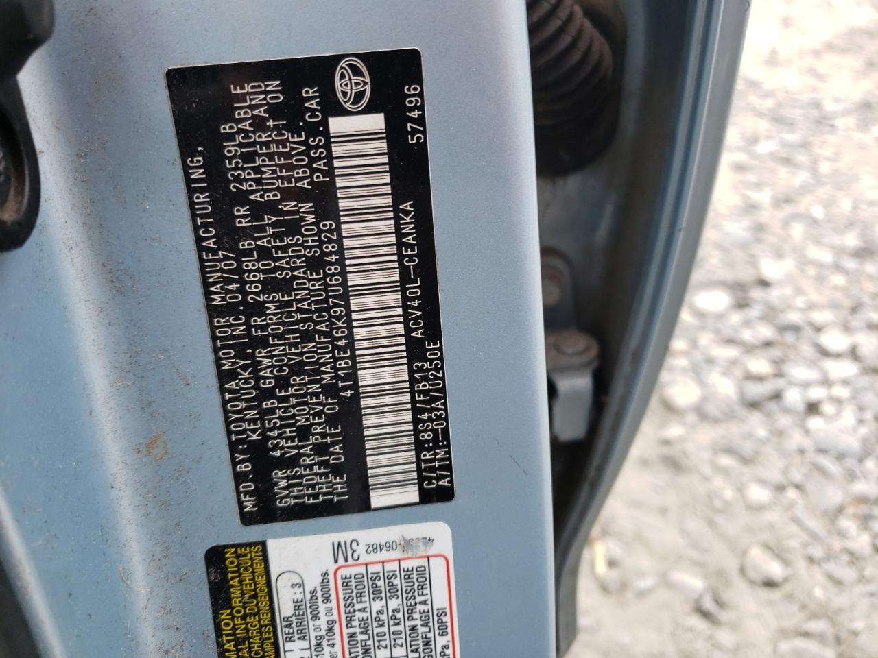 Photo 10 from auction – 2007 TOYOTA CAMRY with VIN 4T1BE46K97U684829