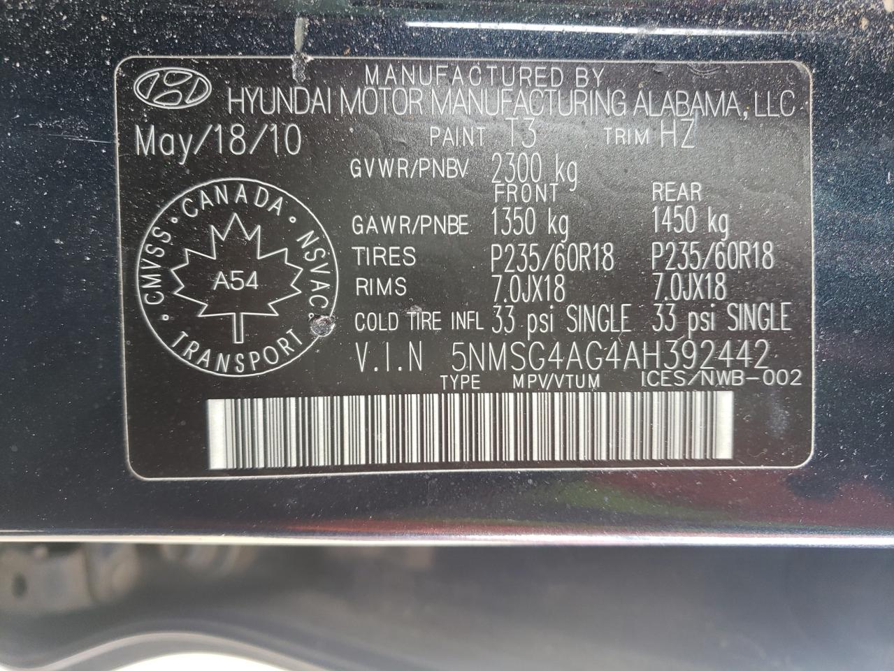 Photo 10 from auction – 2010 HYUNDAI SANTA FE G with VIN 5NMSG4AG4AH392442