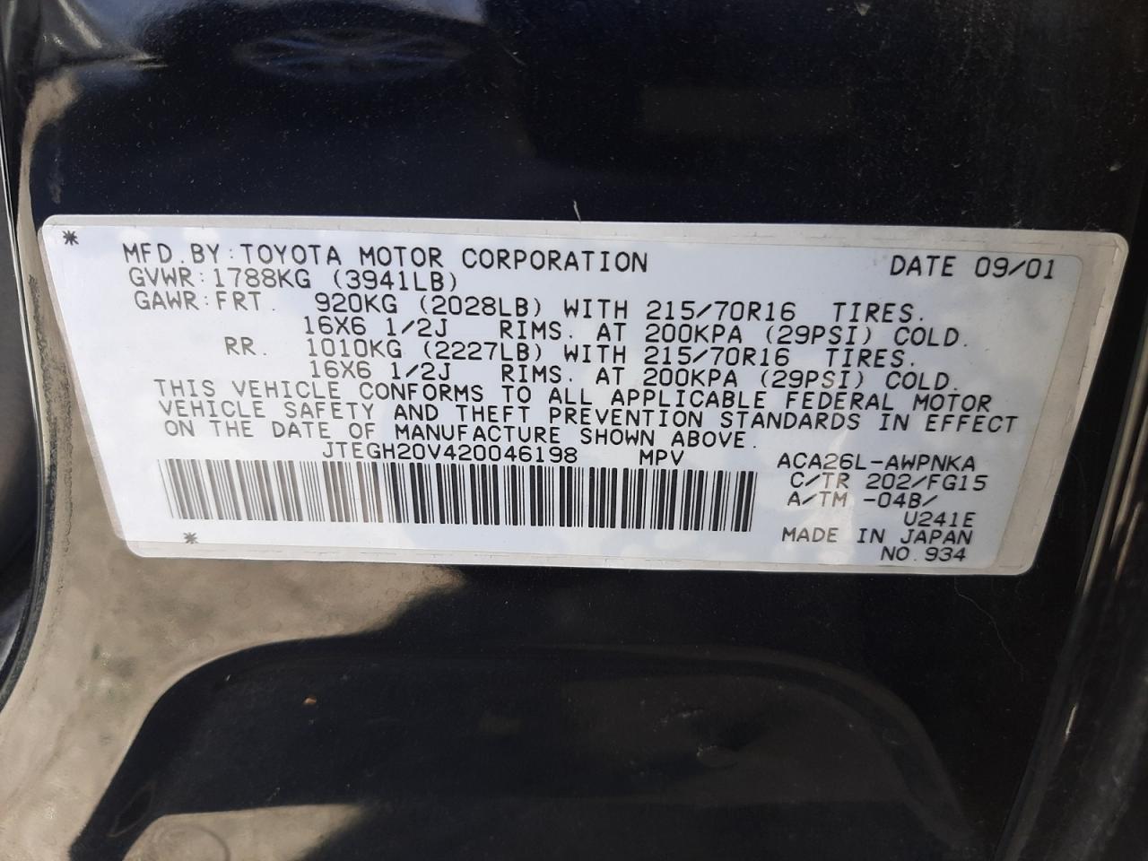 Photo 10 from auction – 2002 TOYOTA RAV4 with VIN JTEGH20V420046198