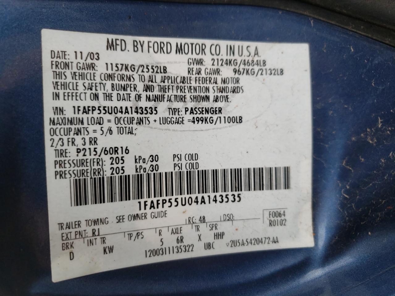 Foto 10 de la subasta – 2004 FORD TAURUS SES con VIN 1FAFP55U04A143535