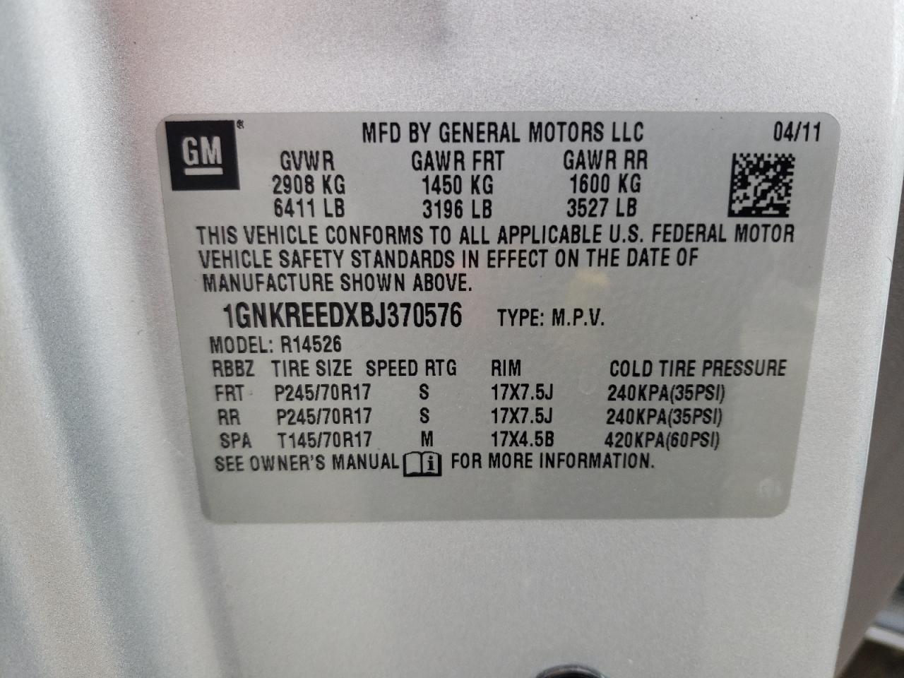 Photo 10 from auction – 2011 CHEVROLET TRAVERSE L with VIN 1GNKREEDXBJ370576