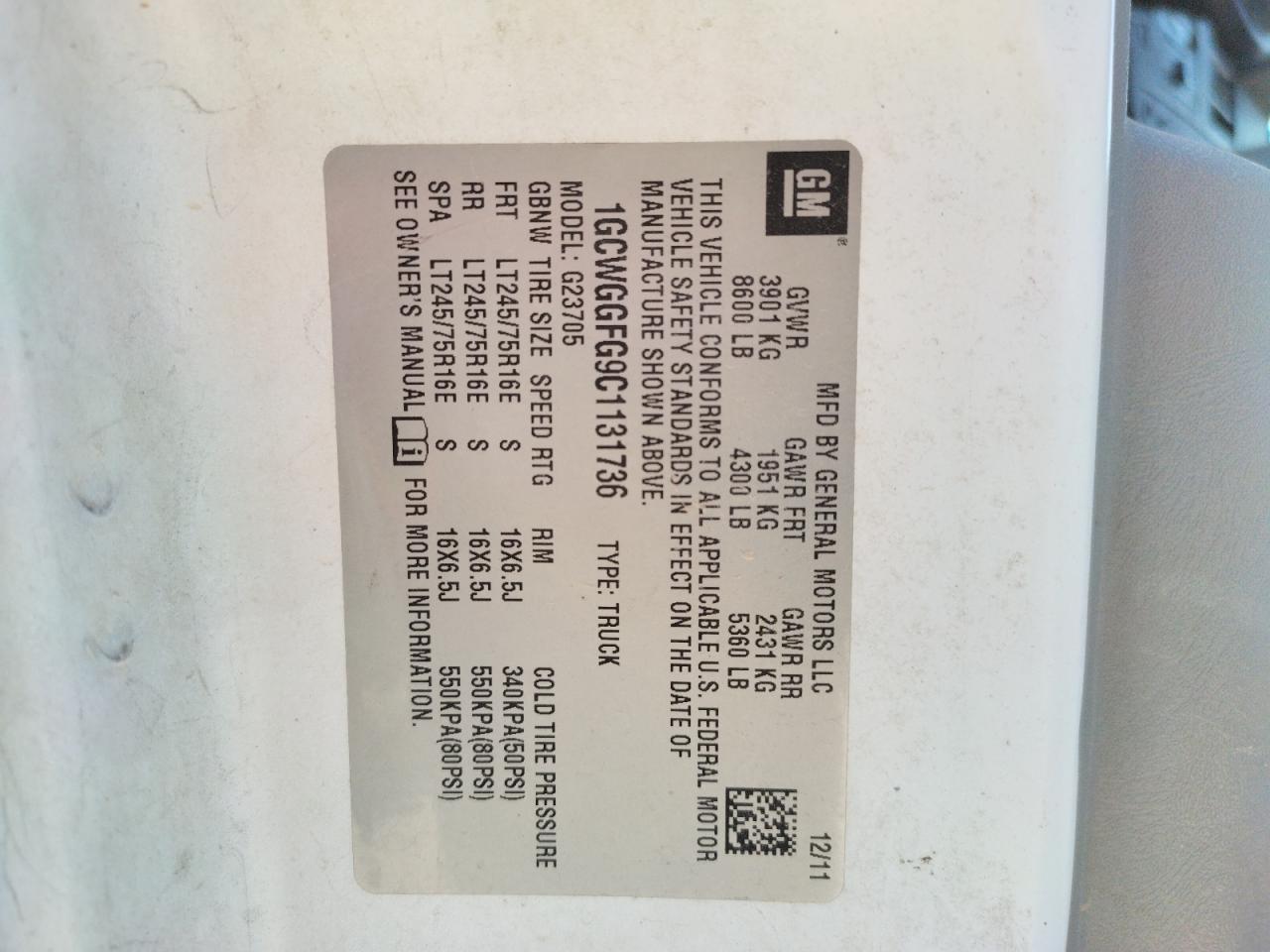 Photo 10 from auction – 2012 CHEVROLET EXPRESS G2 with VIN 1GCWGGFG9C1131736