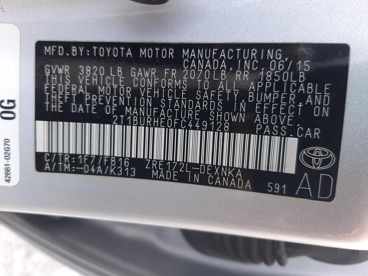 Photo 10 from auction – 2015 TOYOTA COROLLA L with VIN 2T1BURHE0FC449128