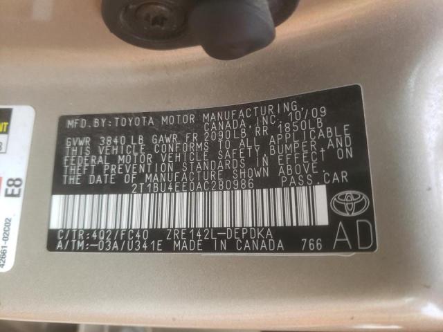 Photo 10 from auction – 2010 TOYOTA COROLLA BA with VIN 2T1BU4EE0AC280986