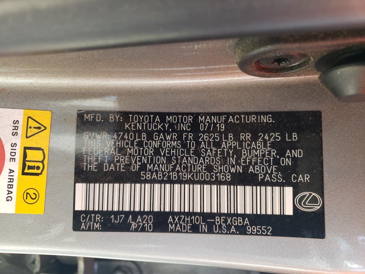 Photo 10 from auction – 2019 LEXUS ES 300H with VIN 58AB21B19KU003168