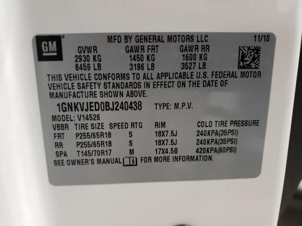 Photo 10 from auction – 2011 CHEVROLET TRAVERSE L with VIN 1GNKVJED0BJ240438
