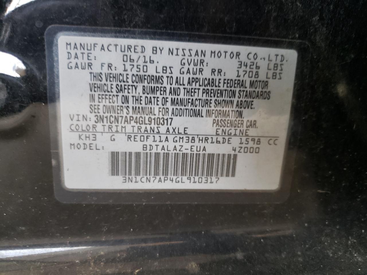 Photo 10 from auction – 2016 NISSAN VERSA S with VIN 3N1CN7AP4GL910317