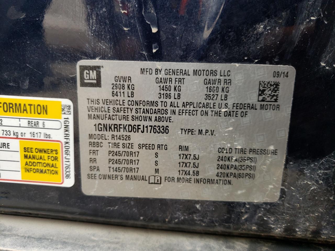 Photo 10 from auction – 2015 CHEVROLET TRAVERSE L with VIN 1GNKRFKD6FJ176336