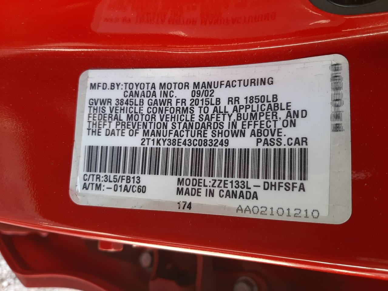 صورة رقم 10 من المزاد - 2003 TOYOTA COROLLA MA مع VIN 2T1KY38E43C083249