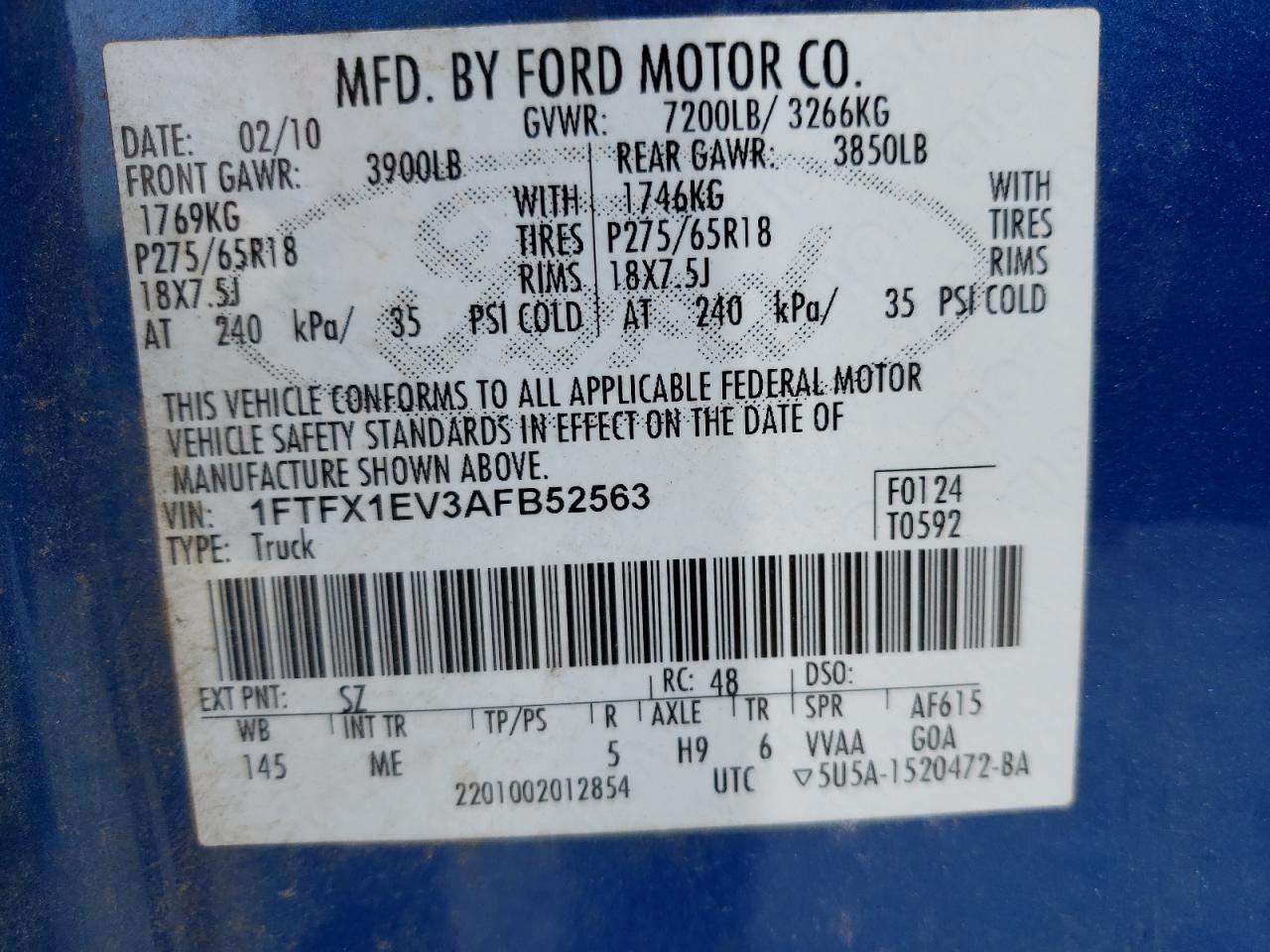 Photo 10 from auction – 2010 FORD F150 SUPER with VIN 1FTFX1EV3AFB52563